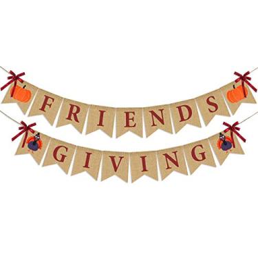 Imagem de Banner estopa amistosa | Decorações de Ação de Graças | Bandeira de estopa de ação de graças | Rustic Thanksgiving Friends Giving Turkey Pumpkin Bunting | Artigos de festa de Ação de Graças Decoração de manta de lareira