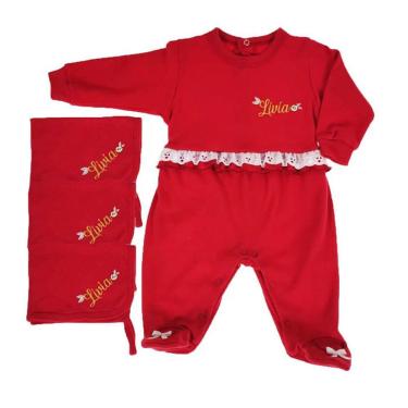 Imagem de Kit 3 pano de boca + macacão longo vermelho personalizado