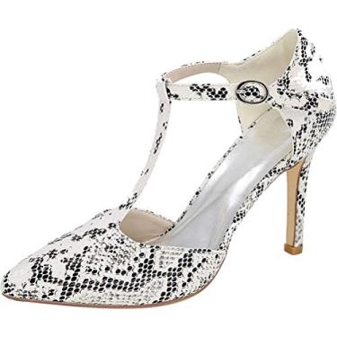 Imagem de Sapato feminino T Bar casamento salto 9,8 cm bico fino brvestido de festa noite PU salto dama de honra fechado slip on pele de cobra, Branco, 10