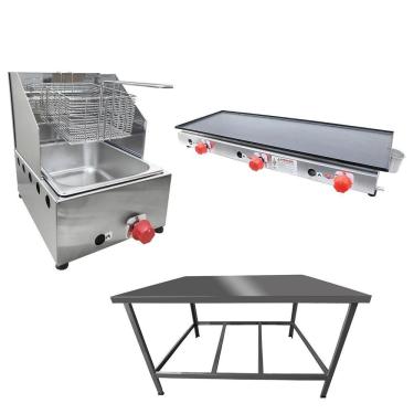 Imagem de Kit Lanchonete Mesa de Manipulação 100x55cm + Fritadeira a Gás 1 Cuba + Chapa a Gás 90cm Alcamar
