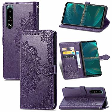 Imagem de HONGYAN Capa de telefone Para Sony Xperia 5 III Mandala Flor em relevo estojo de couro flip horizontal com suporte/cartão/carteira/cordão Capa protetora