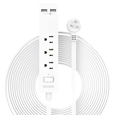 Imagem de Cabo de extensão longo de 4,5 m, plugue plano para montagem na parede NTONPOWER com 3 tomadas, 2 USB, cabo de extensão plano ultrafino sob o tapete, tapete, porta, proteção contra sobrecarga para
