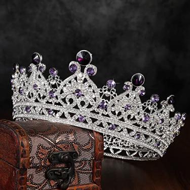 Imagem de Coroa de rainha de ametista e tiara para mulheres e meninas, fantasia de coroa de princesa barroca redonda com strass para casamento, aniversário, festa de formatura, concurso de Halloween (prata e roxo)