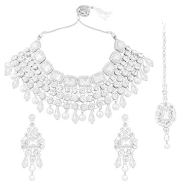 Imagem de Aheli Kundan e pedras coloridas simuladas indianas étnicas Maang Tikka conjunto de colar e brincos Bollywood declaração festiva joia presente para mulheres, Standard, Metal, Sem Pedra Preciosa