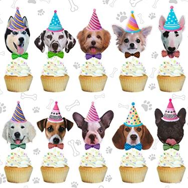 Imagem de 24 peças topo de cupcake de rosto de cachorro tema de cachorro decoração de bolo para filhote de cachorro
