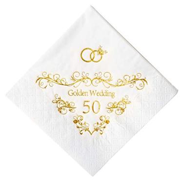 Imagem de Guardanapos de aniversário de 50 anos de casamento crocantes guardanapos dourados para coquetel, decoração de 50º aniversário de casamento para mesa de doces de bolo, 100 peças, 3 camadas
