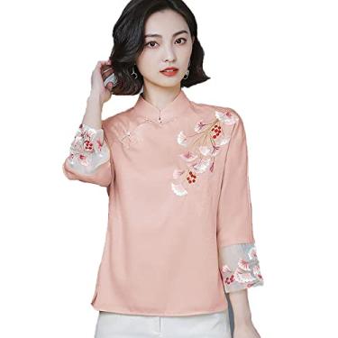Imagem de Yajun Bordado Qipao Tops Estilo Chinês Feminino Tang Terno Elegante Respirável Vintage Blusas Soltas Oversized Camisa Hanfu Rosa, 2GG (Peito: 104cm)