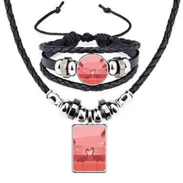 Imagem de Casal flamingo vermelho crepúsculo Art Déco, presente, moda, colar de couro, conjunto de joias
