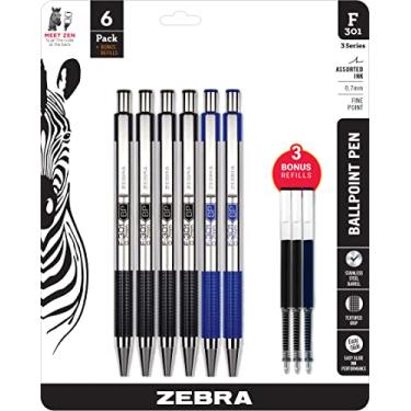 Imagem de Zebra Pen Esferográfica F-301 esferográfica de ponta fina de aço inoxidável de 0,7 mm, pacote com 6 – tinta Easy-Glide, aderência antiderrapante, clipe de metal, recarregável com refil F, design