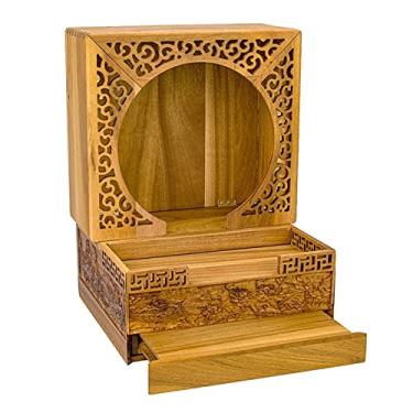 Imagem de FIONEL Altar budista chinês, madeira de teca dourada, dobrável, portátil, nicho de buda sem laca, encaixe e espiga, novo santuário de parede estilo chinês com porta, mesa de oferta oculta, mesa de meditação, altar