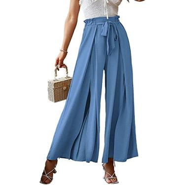 Imagem de Calças Casuais de Pernas Largas, Calças de Pernas Largas Femininas Cor Pura Com Cinto Elástico Cintura Fibra de Poliéster Amigável para Exterior (M)