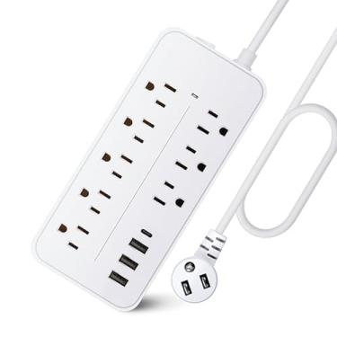 Imagem de CIADAZ Protetor contra surtos 12 em 1 Power Strip Cabo de extensão Plugue plano Power Strip com cabo longo 8 tomadas e 3 USB e 1 porta USB-C 1700J Wall Mount Desk Power Strip para home office