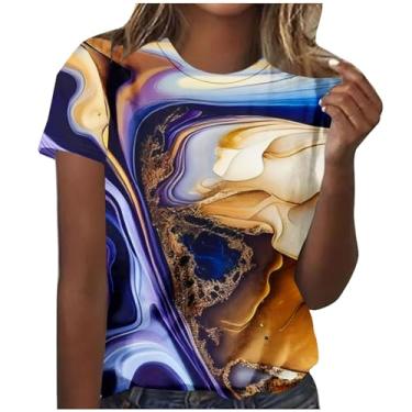 Imagem de Blusa feminina manga curta mármore colorido gráfico solto blusa longa para mulheres gola canoa verão outono camisas 2024, H-539 multicolorido, G