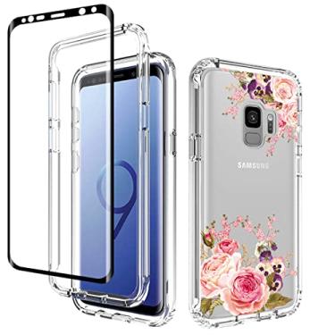 Imagem de Vavies Capa para Galaxy S9, SM-G960U com protetor de tela de vidro temperado, capa de telefone transparente flexível com design floral para Samsung Galaxy S9 (flor rosa)