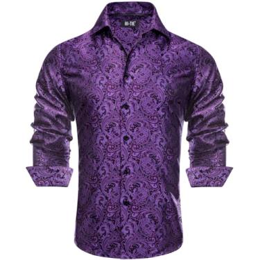 Imagem de Hi-Tie Camisa social masculina Paisley floral preta roxa seda botão camisas manga longa ajuste regular camisas para baile de negócios, XGG, Preto e roxo, XXG