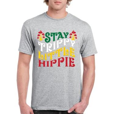 Imagem de Camiseta masculina Stay Trippy Little Hippie Puff Print Hippies Vintage Peace Love Happiness Retro 70s Cogumelos, Cinza, M