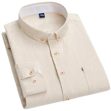 Imagem de Camisa masculina de algodão xadrez listrada de linho com bolso único confortável para respiração e manga comprida com botões, 5-15, PP