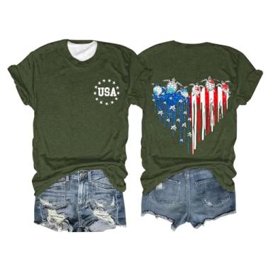 Imagem de Camisetas femininas com bandeira americana manga curta casual verão 4 de julho camisetas estampadas gola redonda patriótica tops elegantes 2024 na moda, Verde militar, XXG