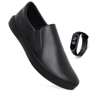 Imagem de Tênis Sapatênis Casual Slip On Iate Calce Fácil Sem Cadarço Leve Confortável + Relógio (Preto, BR, Adulto, Numérico, 42)
