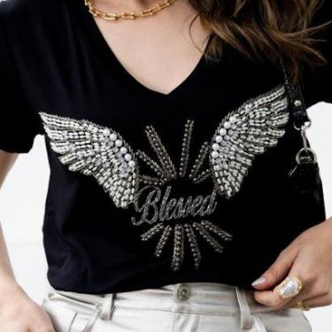 Imagem de Camiseta T Shirt Sagitta Gola V Feminina Premium - Pedraria-Feminino