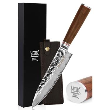Imagem de Faca de cozinha profissional japonesa VG10 da YOUSUNLONG - Aço damasco - Alça de madeira de nogueira natural, Brown Handle,Black Blade.67 layer Damascus Steel,Japanese VG10 Steel Core.Walnut Wooden Handle, Chef's Knives 8 inch