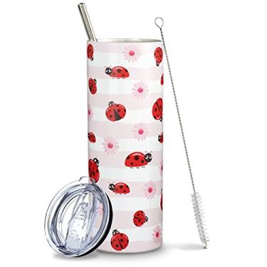 Imagem de Mofvugz Presentes de joaninha para mulheres meninas, lindas joaninhas margaridas floral copo copo de café caneca de viagem, copos de metal rosa com isolamento térmico Lady Bug 590 ml, acessórios de