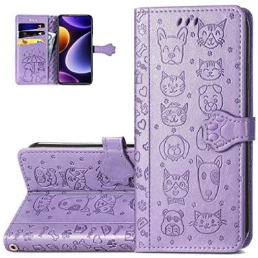 Imagem de Monwutong Capa carteira de telefone para Xiaomi Poco F5, capa de couro PU com desenho fofo de gato e cachorro com fecho magnético e compartimentos para cartões de dinheiro para Xiaomi Poco F5, CD roxo