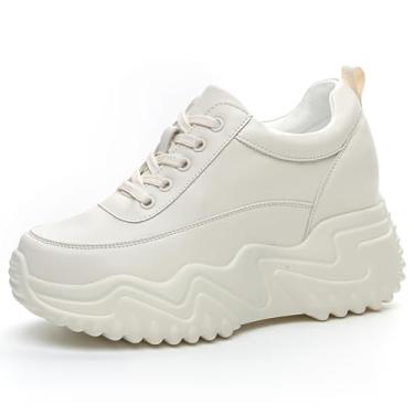 Imagem de AONEGOLD Tênis plataforma de salto alto feminino moderno couro grosso tênis casual caminhada tênis com cadarço aumento 8 cm, Bege 1315, 6 Narrow