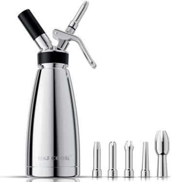 Imagem de Dispensador de chantilly de aço inoxidável para manter quente e frio, máquina térmica de chantilly de parede dupla de 500 ml/1 litro, 5 bicos decorativos de aço inoxidável, 1 escova de limpeza,