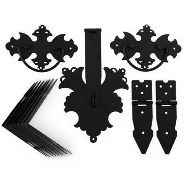 Imagem de Kit 14 Peças Para Baú Alça Dobradiças Fecho Medalhão Preto - Telis Fer
