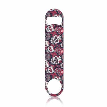 Imagem de TASDANA Abridor de garrafas de aço inoxidável crânio e flores Dia dos Mortos crânio vermelho peônia rock roll estilo moderno abridor de garrafa de cerveja plano chaveiro para casa cozinha bar