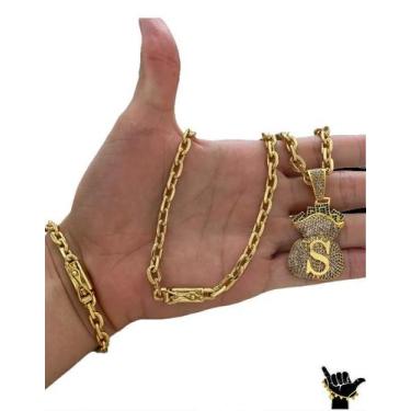 Imagem de Corrente Cadeado 6mm + Pulseira + Pingente - Banhado a Ouro - ToJoia18