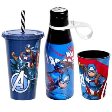 Imagem de Kit Especial Infantil Capitão América Copo Shake Garrafa e Copo Plásti
