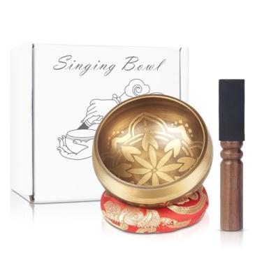 Imagem de Kmise Conjunto de tigelas cantantes tibetanas - Tigelas de som de meditação feitas à mão no Nepal para ioga, meditação, atenção plena, cura e equilíbrio de chakras, alívio do estresse (9 cm, flor