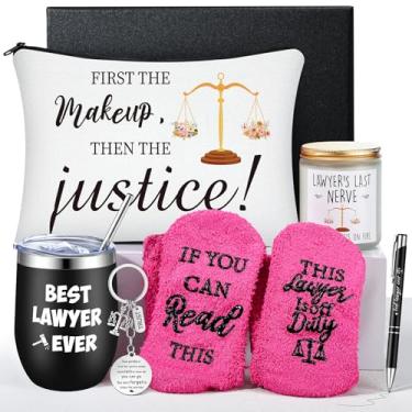 Imagem de Loetere 7 peças de presentes de advogado para mulheres, presente de Natal para faculdade de direito, inclui 340 g aço inoxidável meia copo chaveiro vela caneta bolsa de cosméticos caixa de presente