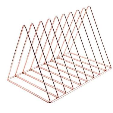 Imagem de Suporte de disco de vinil de metal ouro rosa, suporte vertical para toca-discos, organizador de arquivos para mesa, organizador de papel e suporte de discos, suporte de vinil triangular vertical 9