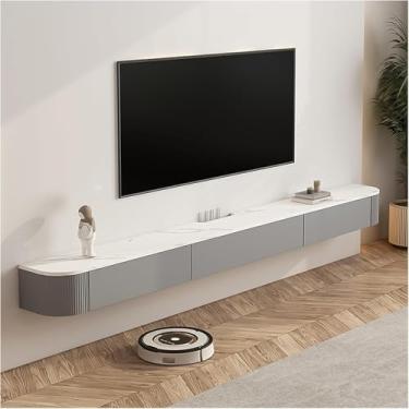 Imagem de Suporte de TV flutuante montado na parede, console de mídia de entretenimento com suporte de armazenamento de porta embaixo da TV - Prateleiras flutuantes, cinza, 200 cm