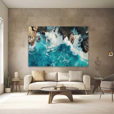 Imagem de Quadros Decorativos para Quarto Sala 90x60 Praia Azul Pedras Paisagem Grande Escritório Hall