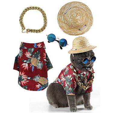 Imagem de Impoosy Camisetas havaianas para cães roupas de verão para animais de estimação, óculos de sol, chapéu de palha engraçado, fantasias de gatinho com corrente dourada (médio, vermelho)