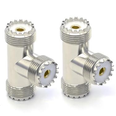 Imagem de 2 peças UHF PL259 Adaptador de antena SO239 Conector T, adaptador coaxial divisor UHF de 3 vias, fêmea UHF para dupla fêmea em forma de T, adaptador de conector de baixa perda para scanner de rádio
