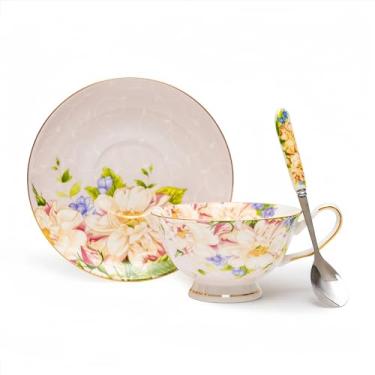 Imagem de Glen Mila Xícaras de chá e pires florais Bone China - Xícaras de chá de porcelana fina, conjunto de xícaras de café de porcelana de 200 ml para festa de chá feminina