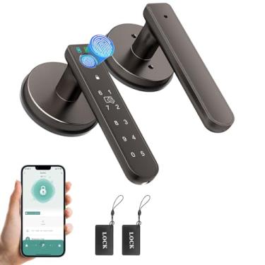 Imagem de Fechadura de porta com impressão digital, maçaneta biométrica com controle de aplicativo, fechadura de porta de entrada sem chave com alça para casa, escritório, apartamento, quarto, marrom café