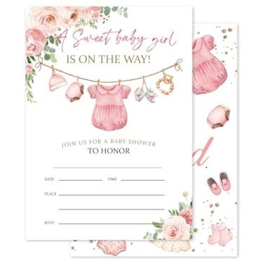 Imagem de Whaline 25 conjuntos de convites de festa de chá de bebê com envelopes adesivos rosa convite de festa cartões de papel convites de preenchimento para meninas aniversário revelação gênero suprimentos