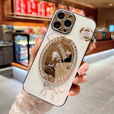 Imagem de Design Magic Mirror Case para iPhone 14 Pro Max 11 12 13 Pro 14 Plus Glitter Ring Kickstand Make Up Beauty Case, White Shadow Beauty, para iPhone 14 Plus