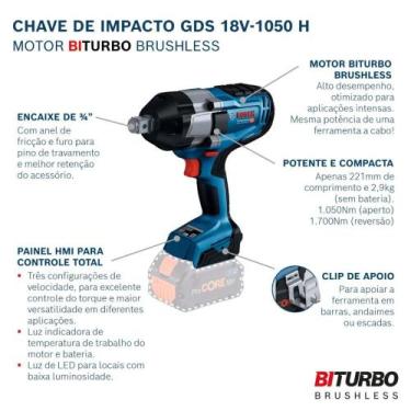 Imagem de Chave de impacto 3/4" brushless  gds 18v-1050 h bosch torque 1050nm co
