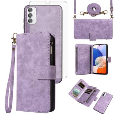 Imagem de Asuwish Capa de celular para Samsung Galaxy A14/M14 5G carteira com zíper destacável com protetor de tela de vidro temperado alça transversal alça flip porta-cartão A 14 4G 14A 14M G5 feminino roxo