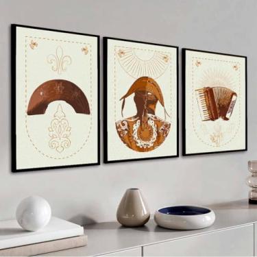 Imagem de Trio Quadro decorativo Nordeste - Trio Gonzagão, 3 unidades, Artesanato nordestino, Pernambuco; Bahia; Paraíba; Ceará; Piauí, Luiz Gonzaga; Arte Luiz Gonzaga. (Preta, 21X30, Emoldurado)