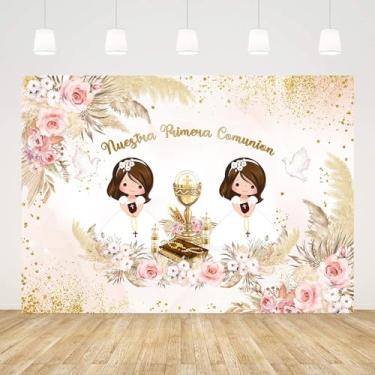 Imagem de AIBIIN 2,1 x 1,5 m Nuestra Primera Comunion pano de fundo para meninas gêmeas, batismo, Deus abençoe, primeira comunhão, decorações de festa de batizado, boho, rosa, floral, dourado, pombas, banner,