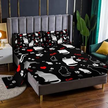Imagem de XYNHML Jogo de cama com tema de gato kawaii, 4 peças, preto e branco, para crianças, adolescentes, meninas, adultos, desenho animado, pata, coração, decoração de quarto com 1 lençol de cima + 1 lençol