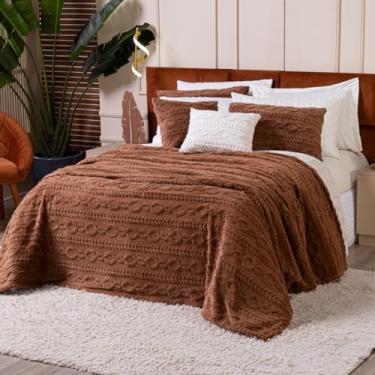 Imagem de Cobertor Manta Zurique Trançado Avulso CASAL PADRÃO - Dupla Face Mantinha Plush Fleece Sherpa Trançada Alto Relevo Flannel (Marrom)